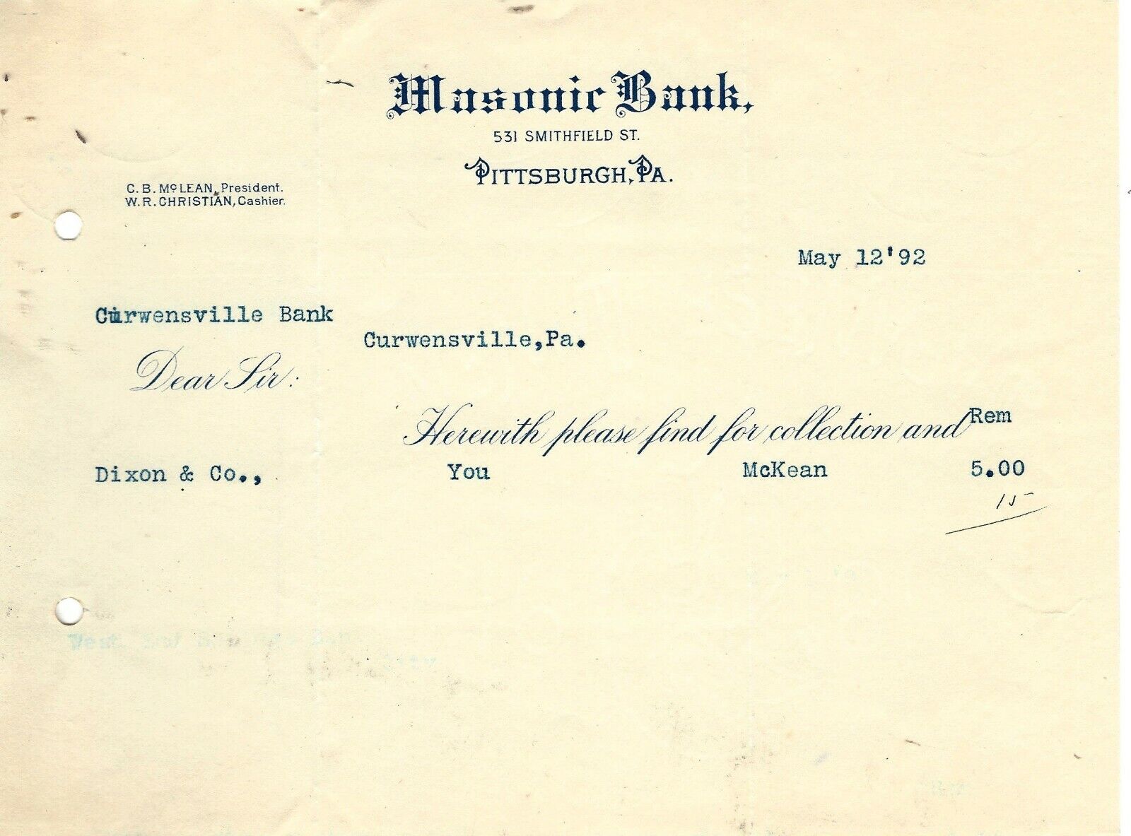 1891, Masonic Bank, Pittsburgh, Pennsylvania Deposit Slip, 531 Smithfield Street