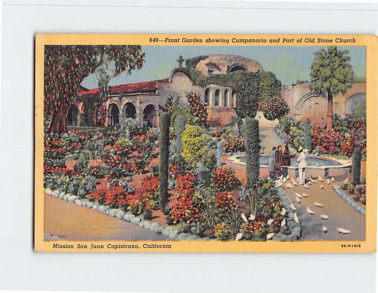 Postcard Front Garden Showing Campanario Mission San Juan Capistrano California