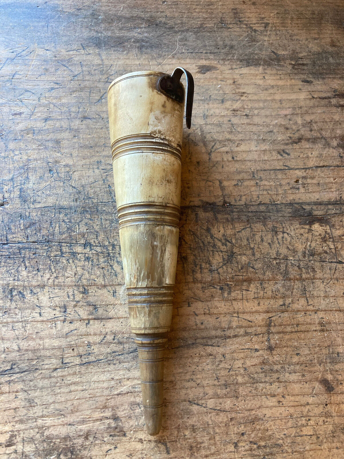 Fantastic Antique primitive turned horn cup with wrought iron clip