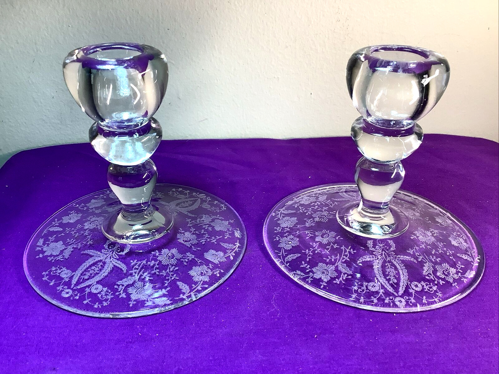 Antique Pair Etched Glass Candlesticks Floral PRELUDE New Martinsville Viking