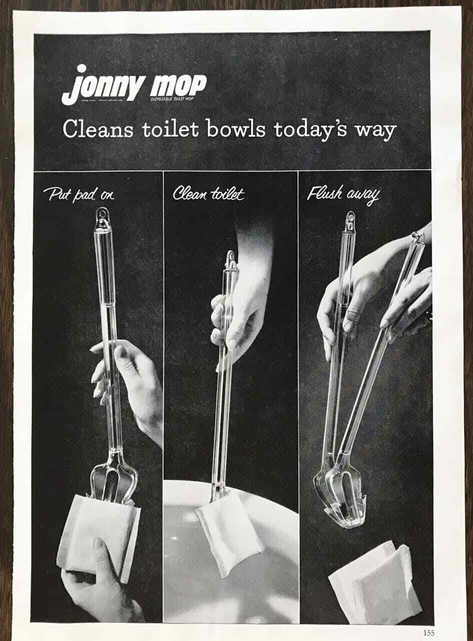 1953 Jonny Mop PRINT AD Put Pad On Clean Toilet Flush Away