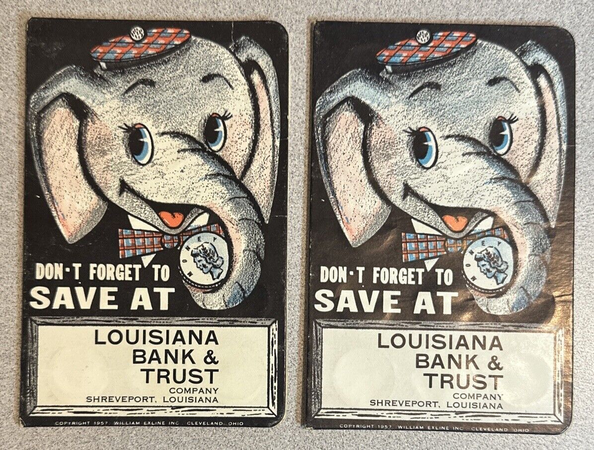 Vintage 1957 Empty Set of 2 Dime Saver Bank LOUISIANA BANK & TRUST ELEPHANT