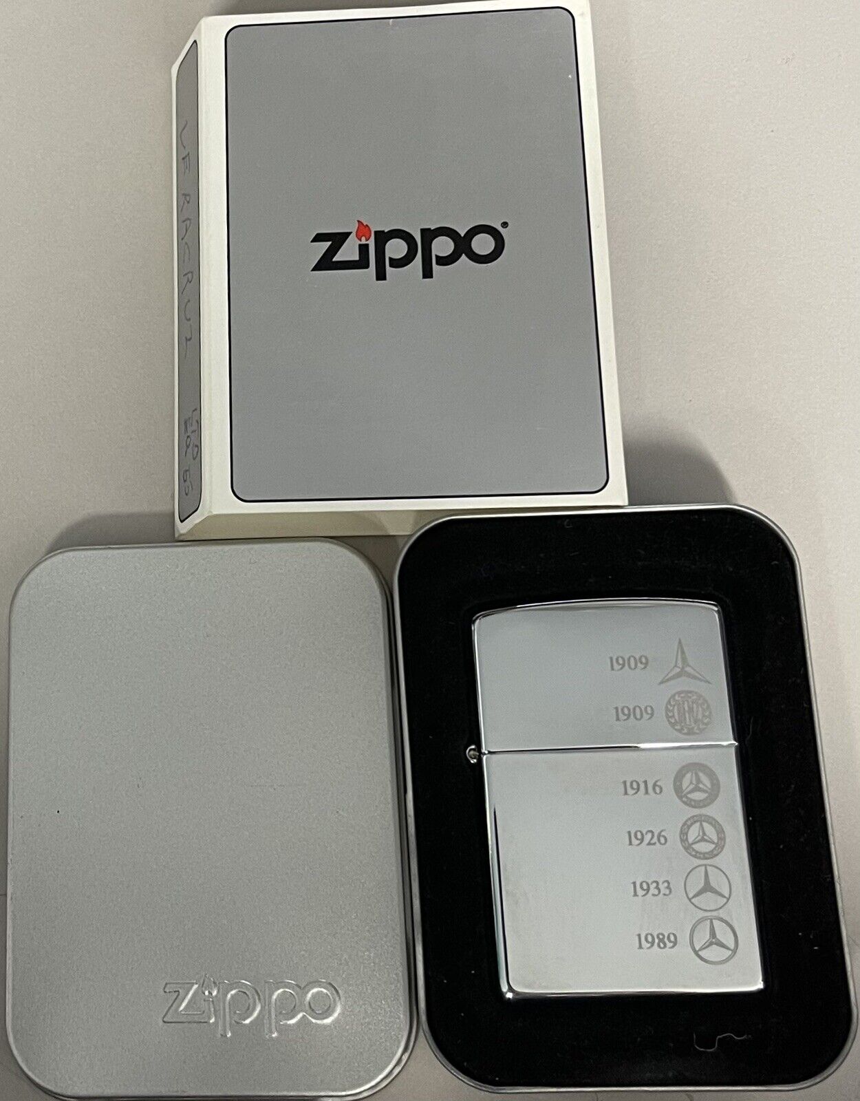 ZIPPO 2002 MERCEDES BENZ WITH STARS POLISHED CHROME LIGHTER SEALED IN BOX 358F