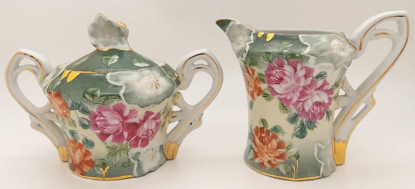Vintage Faux Limoges China Green Floral with Gold Large Creamer Pitcher & Sugar