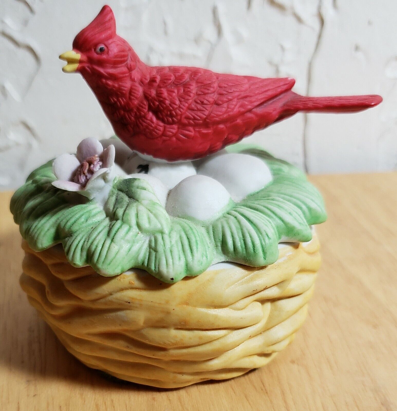 Vintage Porcelain Cardinal Red Bird Trinket Box 