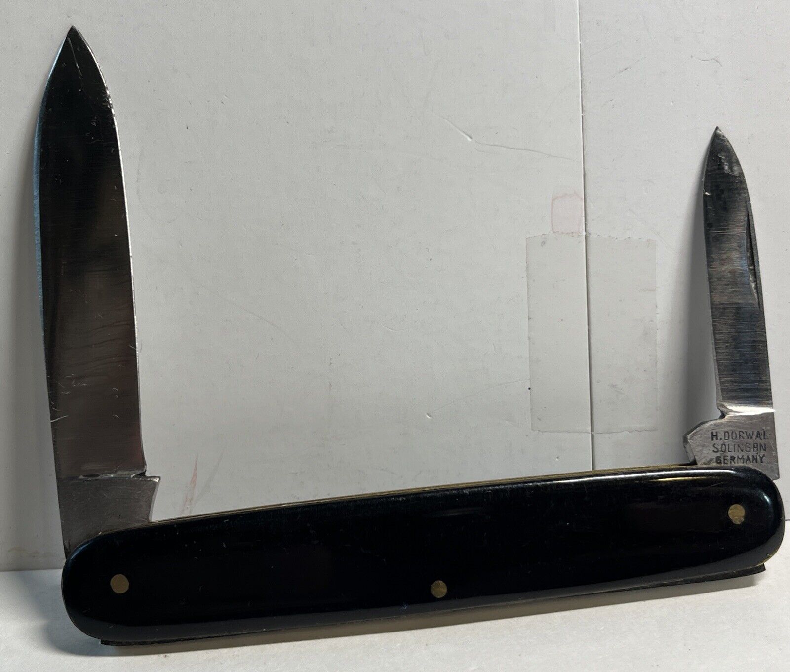 Vintage H. Dorwal Germany Folding Pocket Knife 4” Black Scales 2 Blades CLEAN