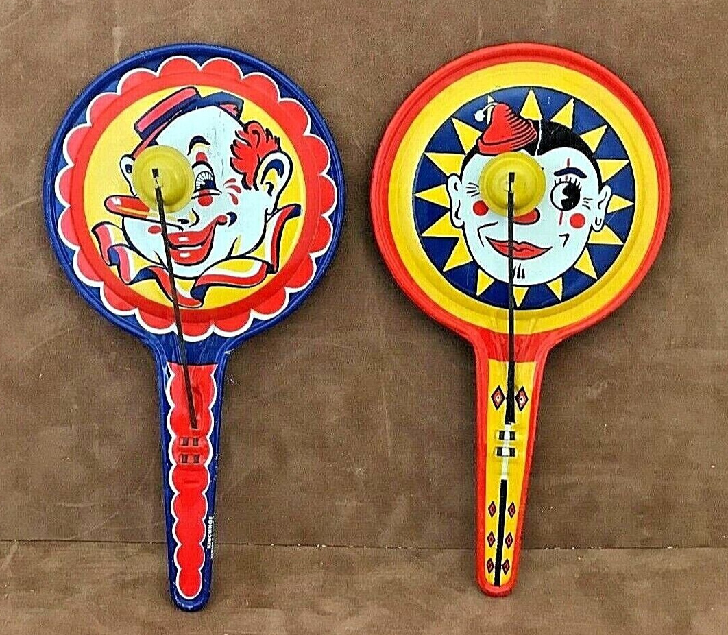(2) Vintage KIRCHHOF Clown Face Round Metal Tin Litho Noisemakers Made In U.S.A.