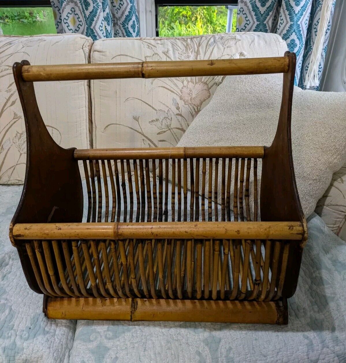 Vintage Large Faux Bamboo Pencil Reed Rattan Magazine Rack Basket with 