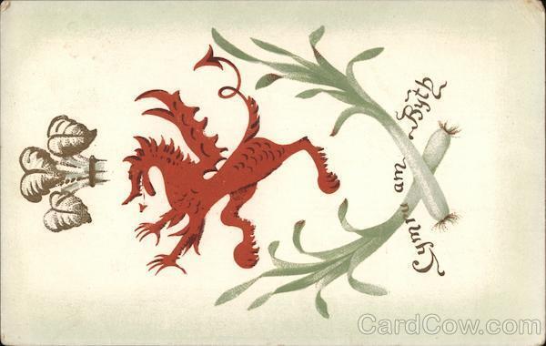 Cymru am byth-Wales national symbols and motto Postcard Half penny stamp Vintage