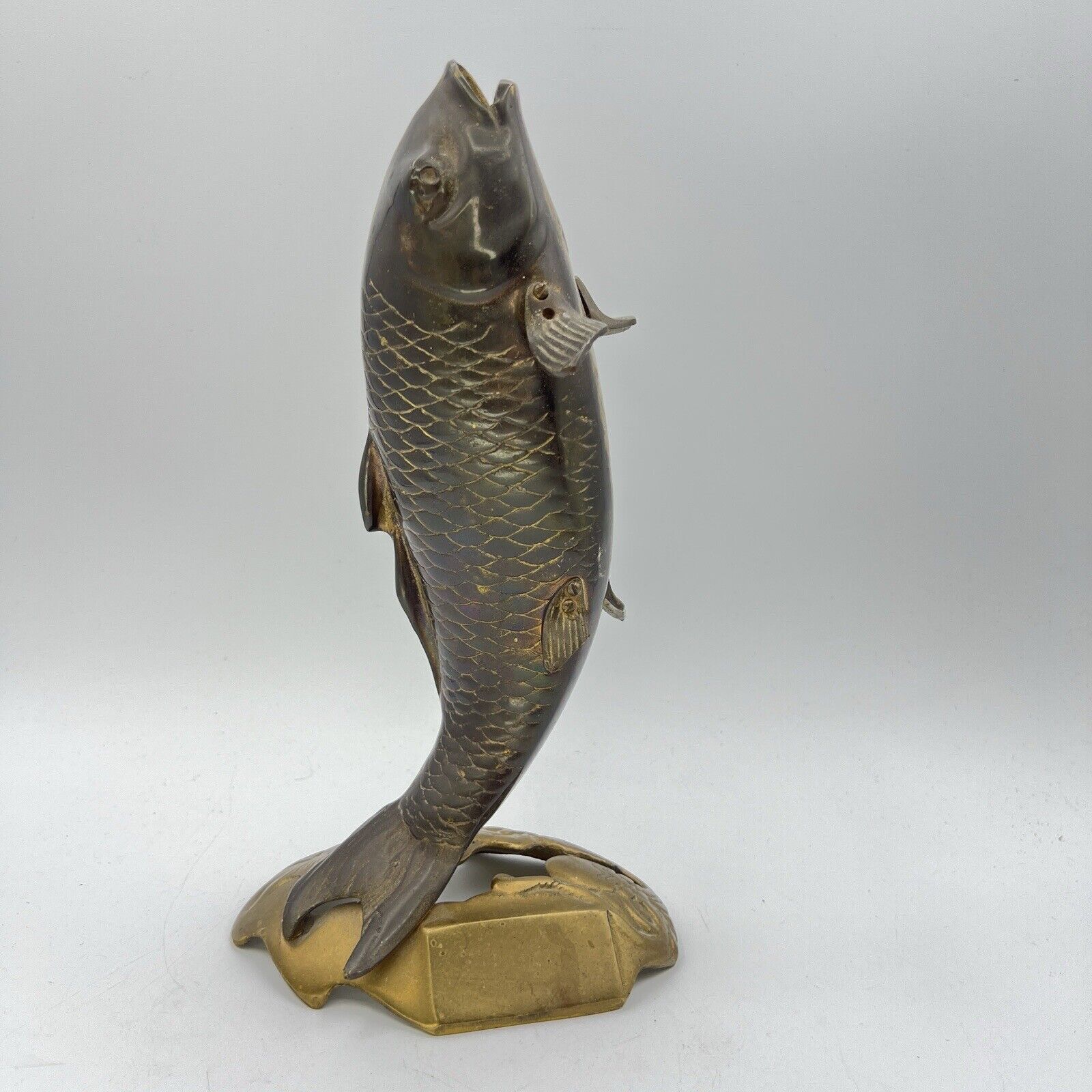 Vtg Brass Koi Fish Ikebana Vase with Base Statue Figurine Open Mouth 10.5\