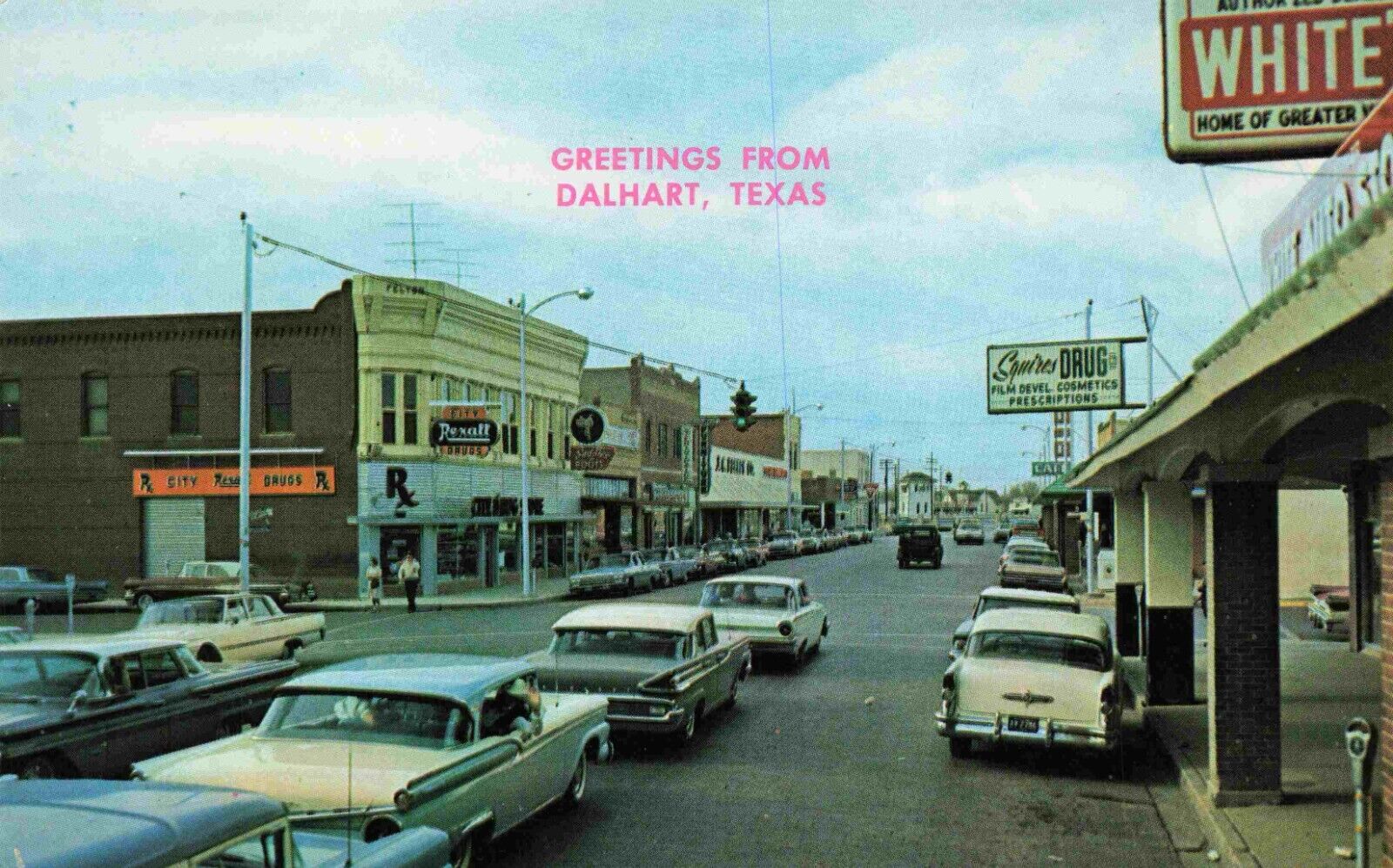 1950\'s Dalhart Texas Main Street View Rexall Drugs Film Developing TX Postcard