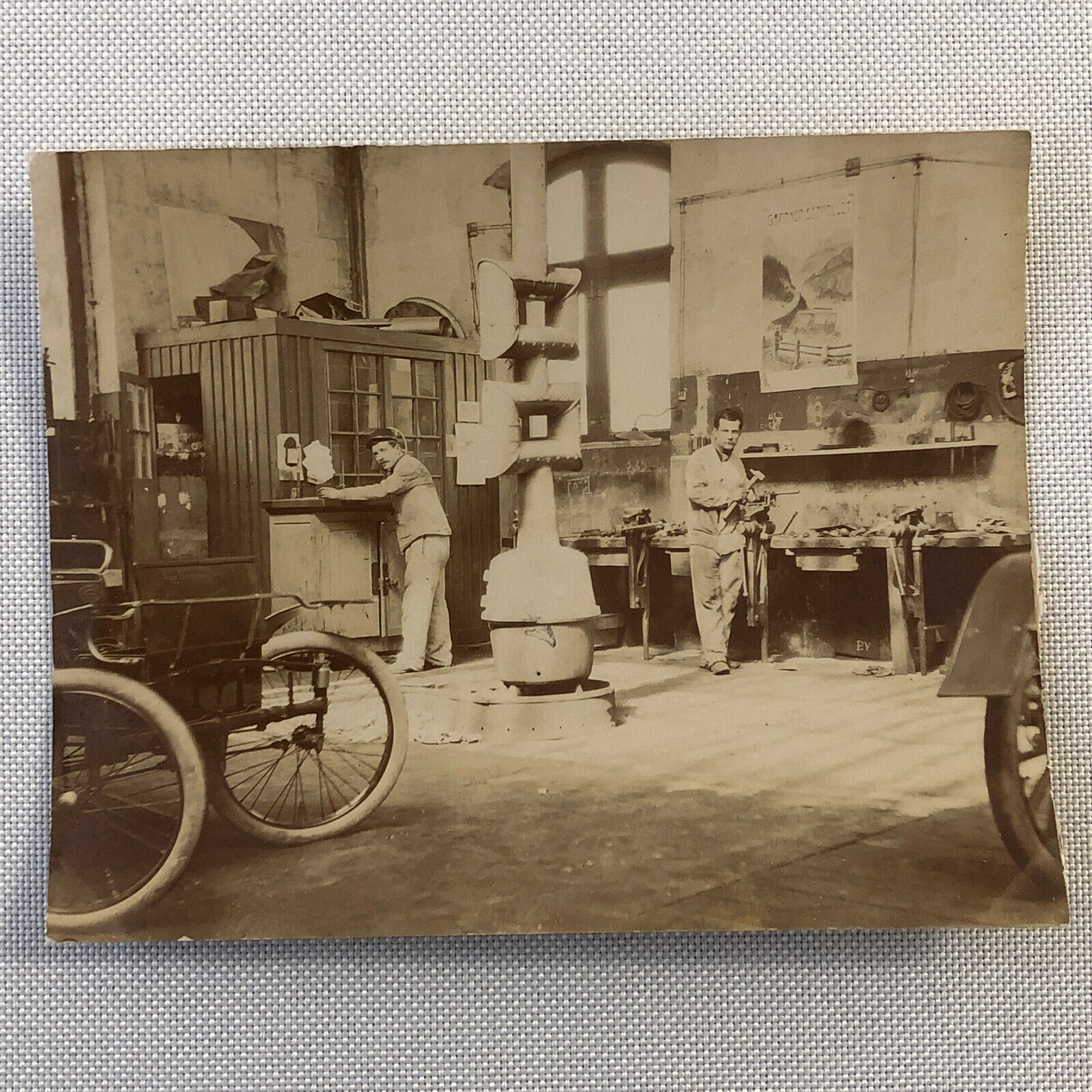Antique Photo Photograph Print Men In Automobile Repair Shop Garage 1909 Italian