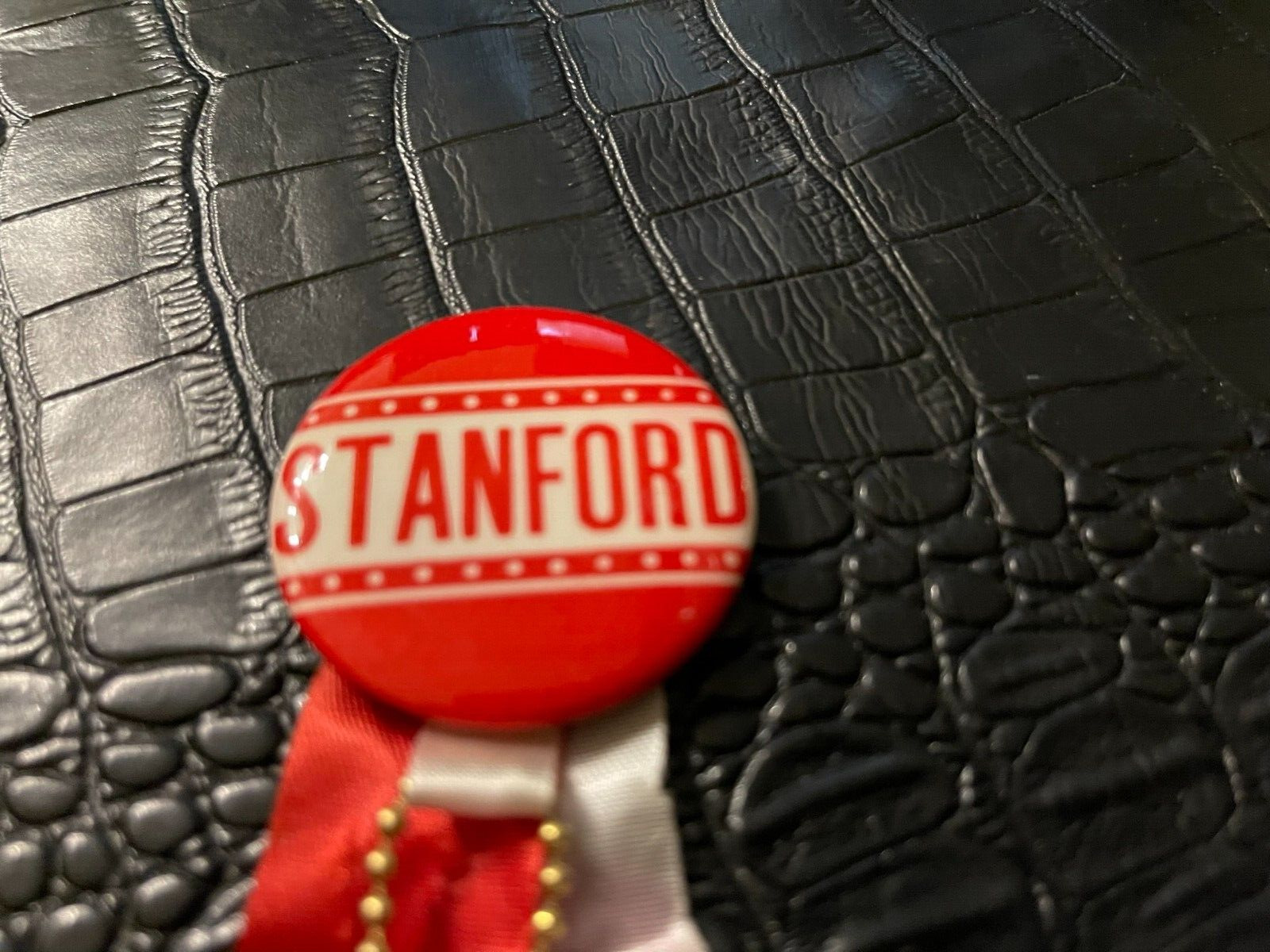 1960s NOS Stanford University Football Pinback w/ribbons and football charm