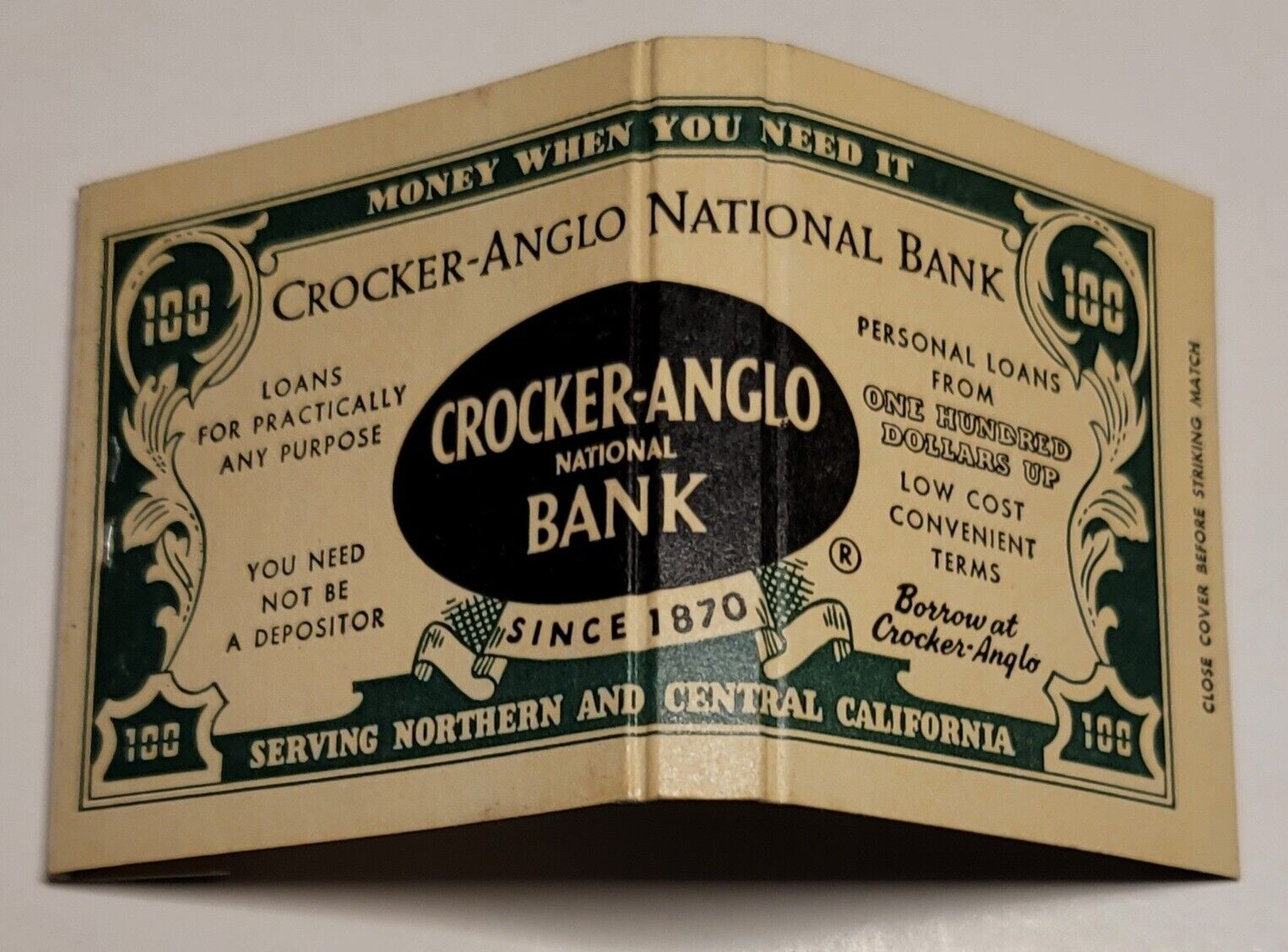 Vintage Crocker-Anglo National Bank Matchbook ~ Unstruck