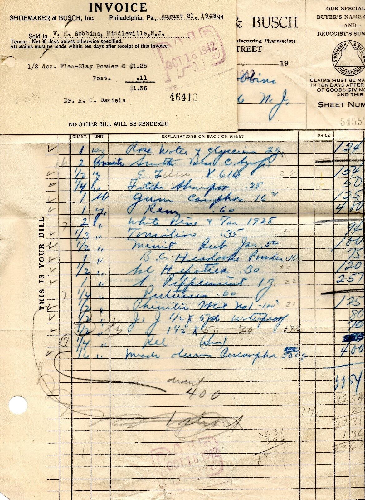 10/5/1942 SHOEMAKER & BUSCH wholesale druggist/pharmacist org. paper invoice