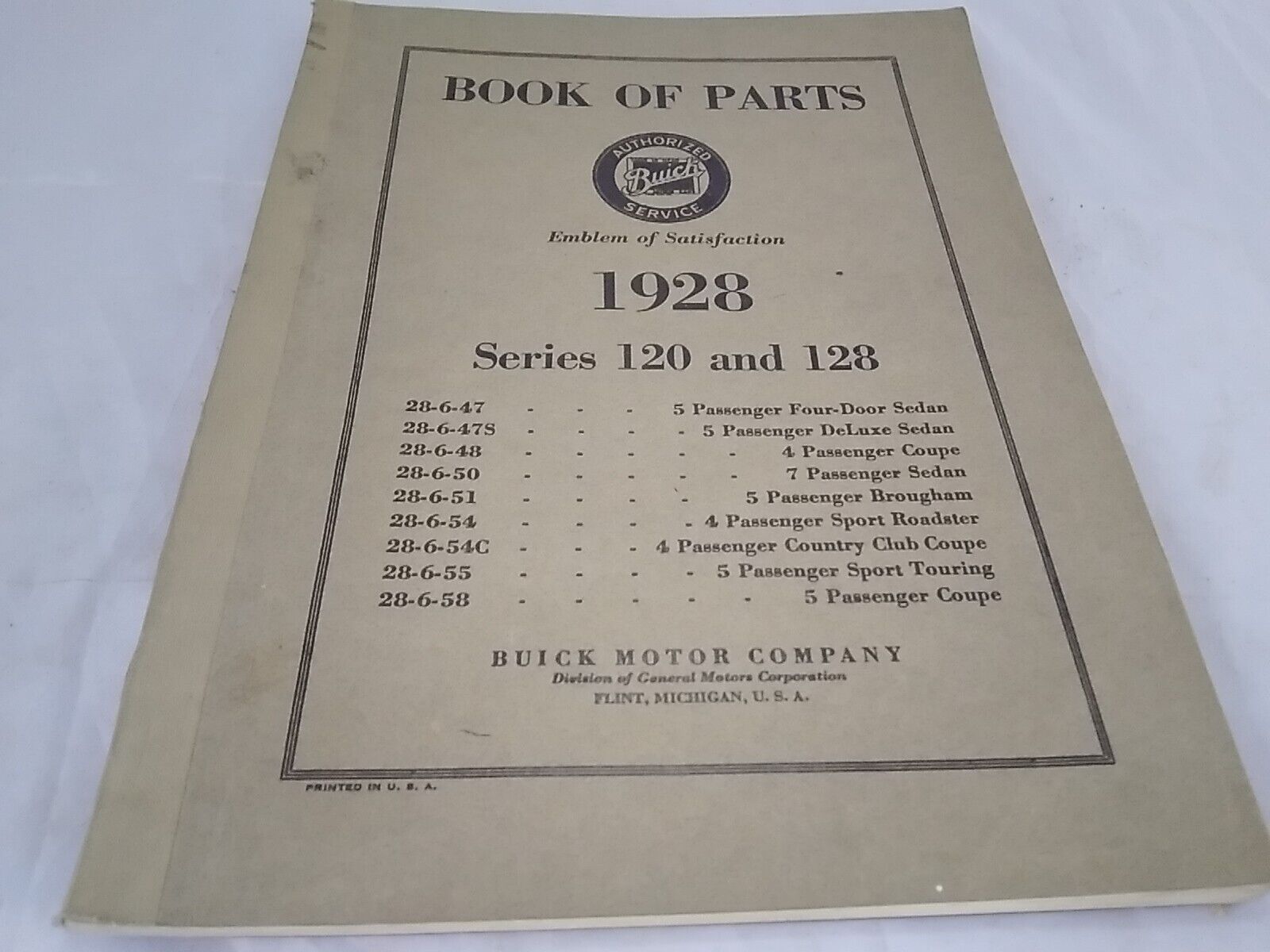 Vintage 1928 Buick Motor Company Series 120 And 128 Book Of Parts