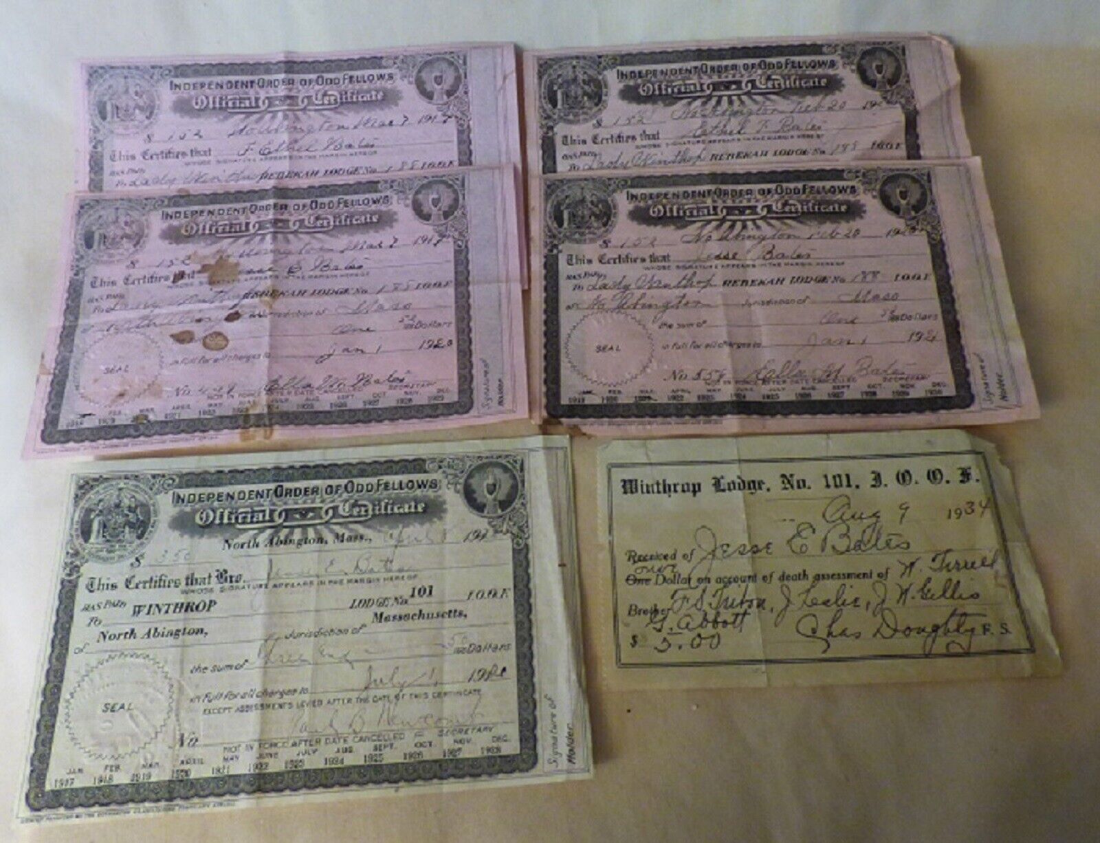 1917-34 6 Receipts Lady Winthrop Rebekah Lodge #188 & IOOF #101 N Abington Mass