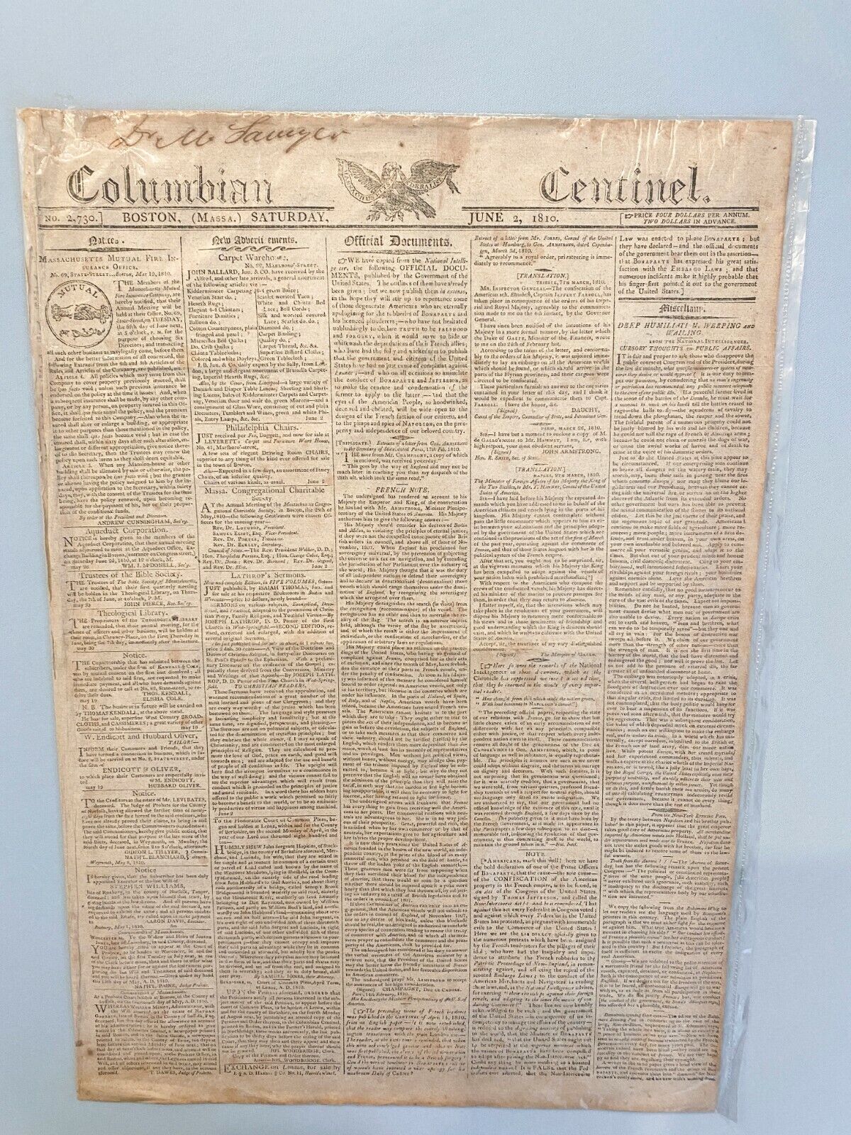 Original 1810 Boston Columbian Centinel Newspaper Many Napoleon War Articles