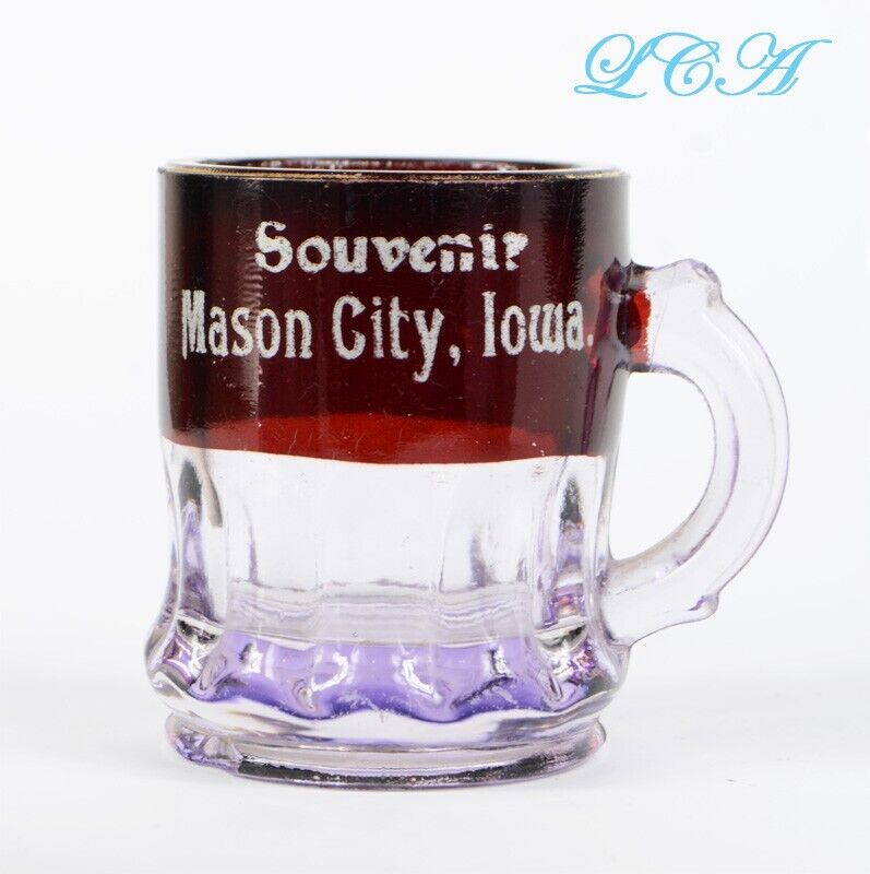 Antique MASON CITY IOWA souvenir glass EAPG mini-MUG red & SUN COLORED amethyst