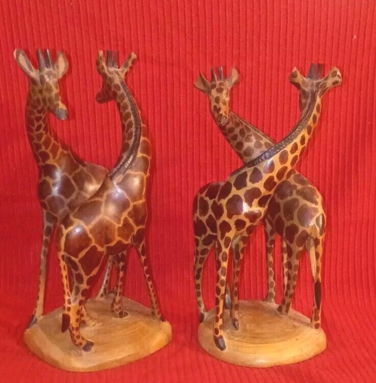 Vintage Kenya Hand Carved African Wood Art  Entwined Giraffe Pair Set Of 2