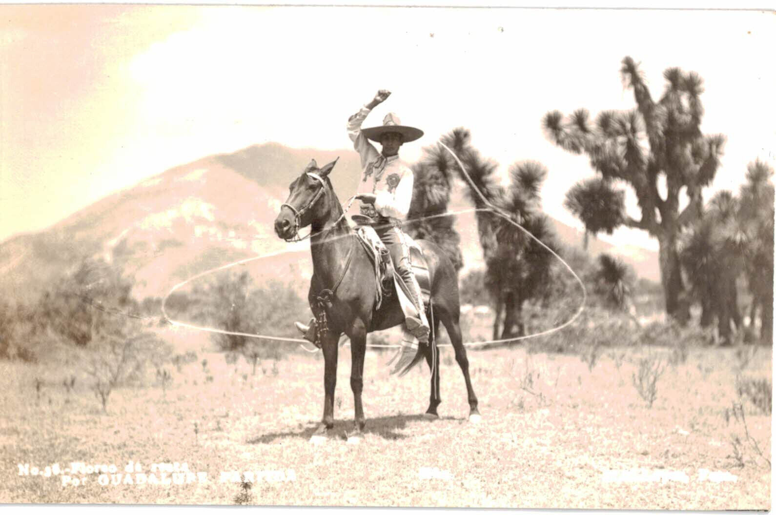 RPPC Real Photo Postcard Mexican Cowboy in Sombrero with Lasso