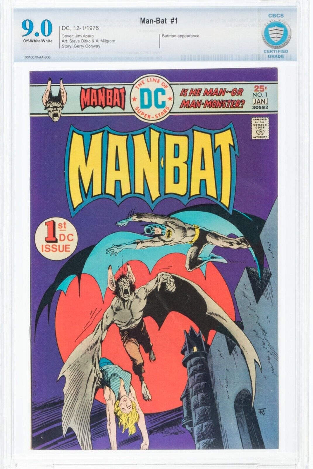 MAN-BAT MANBAT 1 CBCS 9.0 BATMAN STEVE DITKO DC COMICS 1976  OWWHITE PAGES 🔥cgc