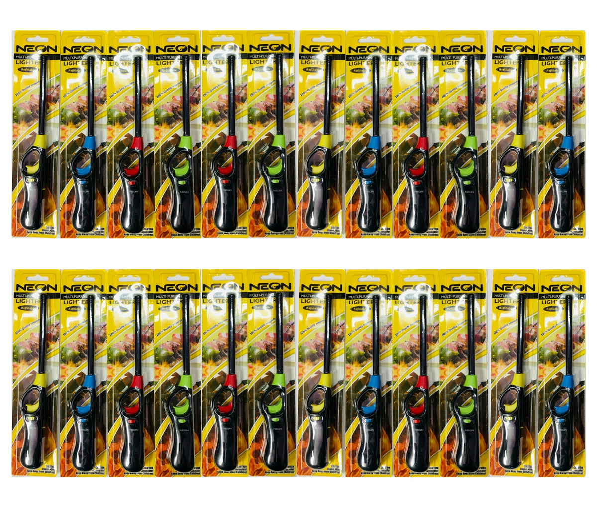 Neon Multi-purpose Refillable Lighters Fireplace Grill Gas Stove BBQ (24 Packs)