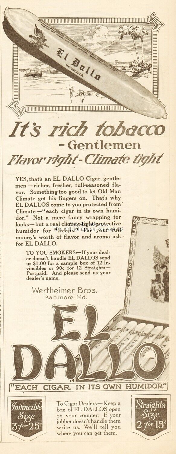 1921 El Dallo Cigars Wertheimer Bros Baltimore MD Smoking Tobacco Box Print Ad