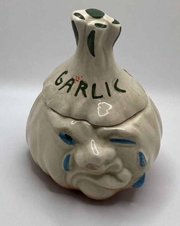 Vintage Anthropomorphic Crying Garlic Keeper Handle with Care 1950s Mid Century