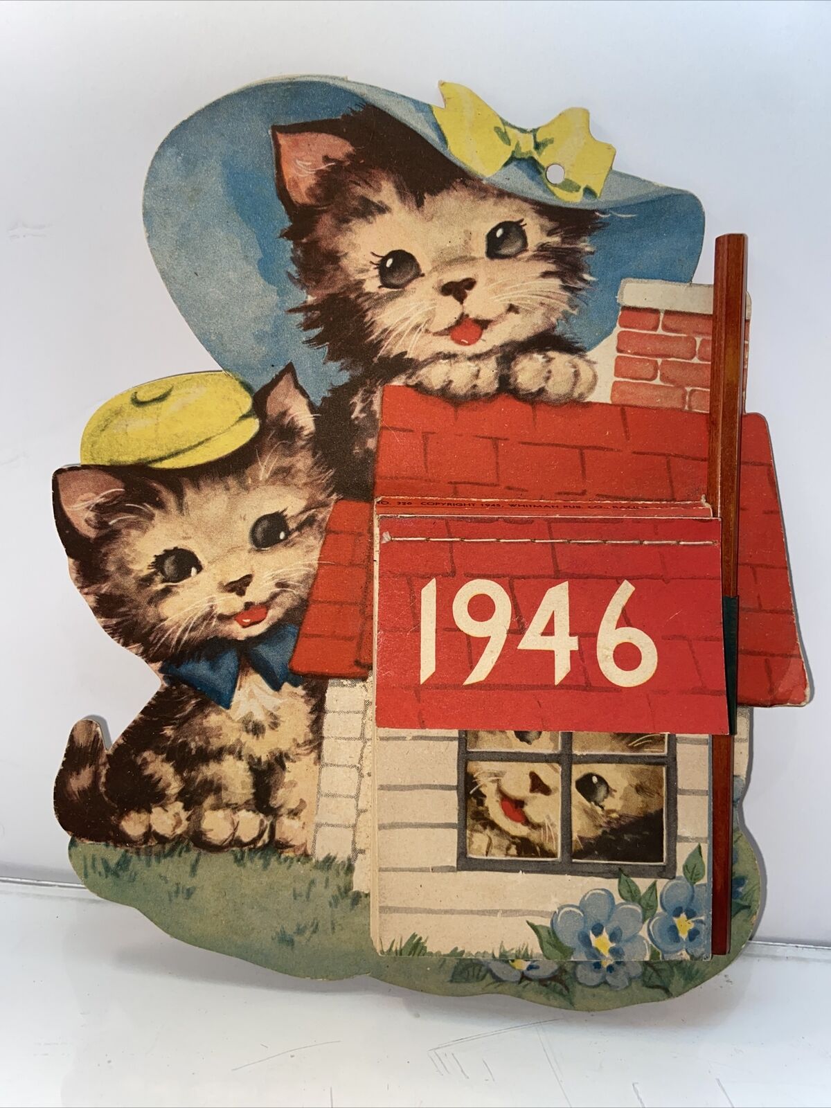 Vtg 1946 Die Cut CUTE KITTEN Cats Calendar W/ Note Pad Original Pencil Cardbo