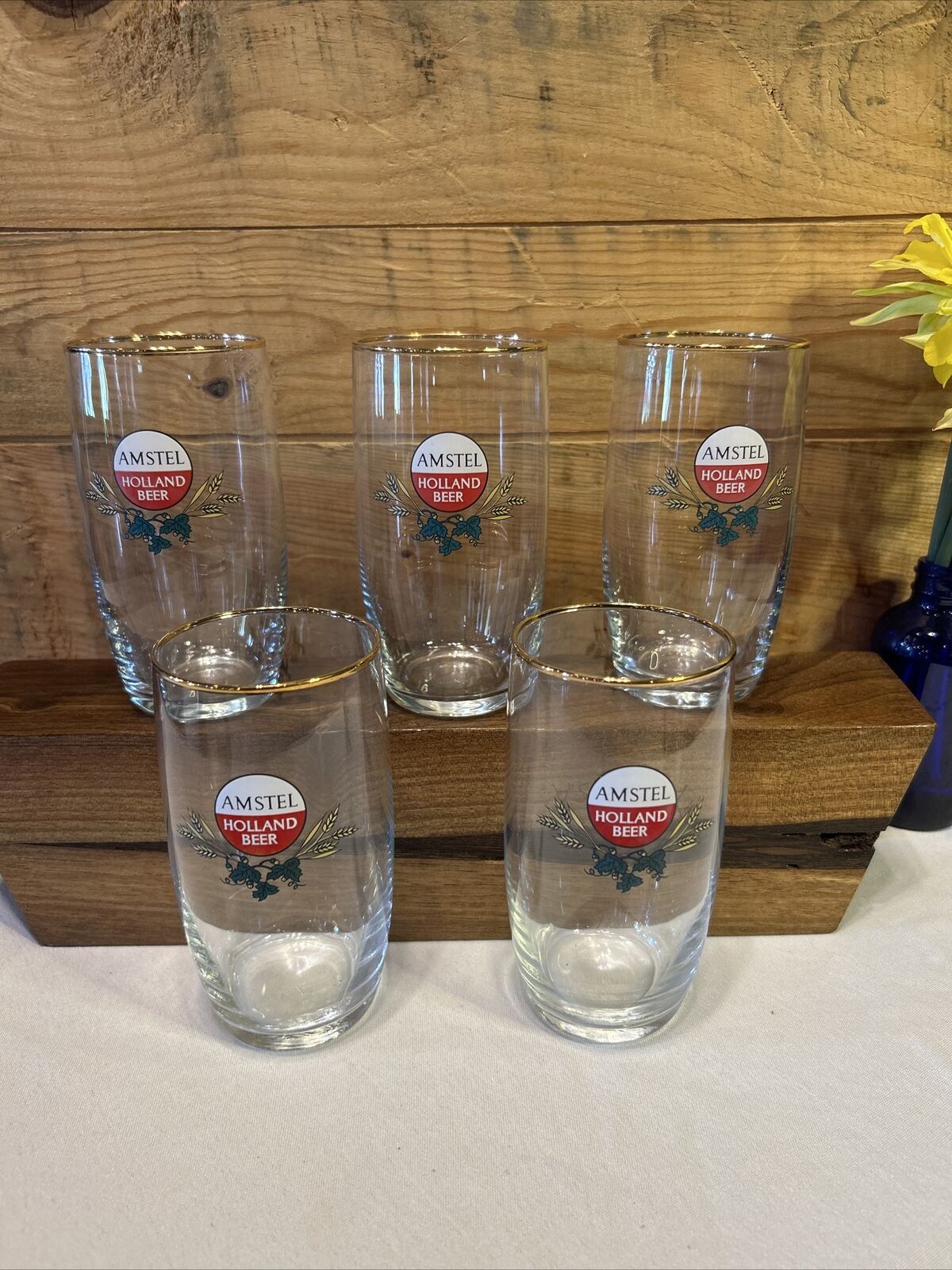 Set of 5 Vintage Amstel Beer Glasses Holland Netherlands Gold Rim 350 ml / 12 oz