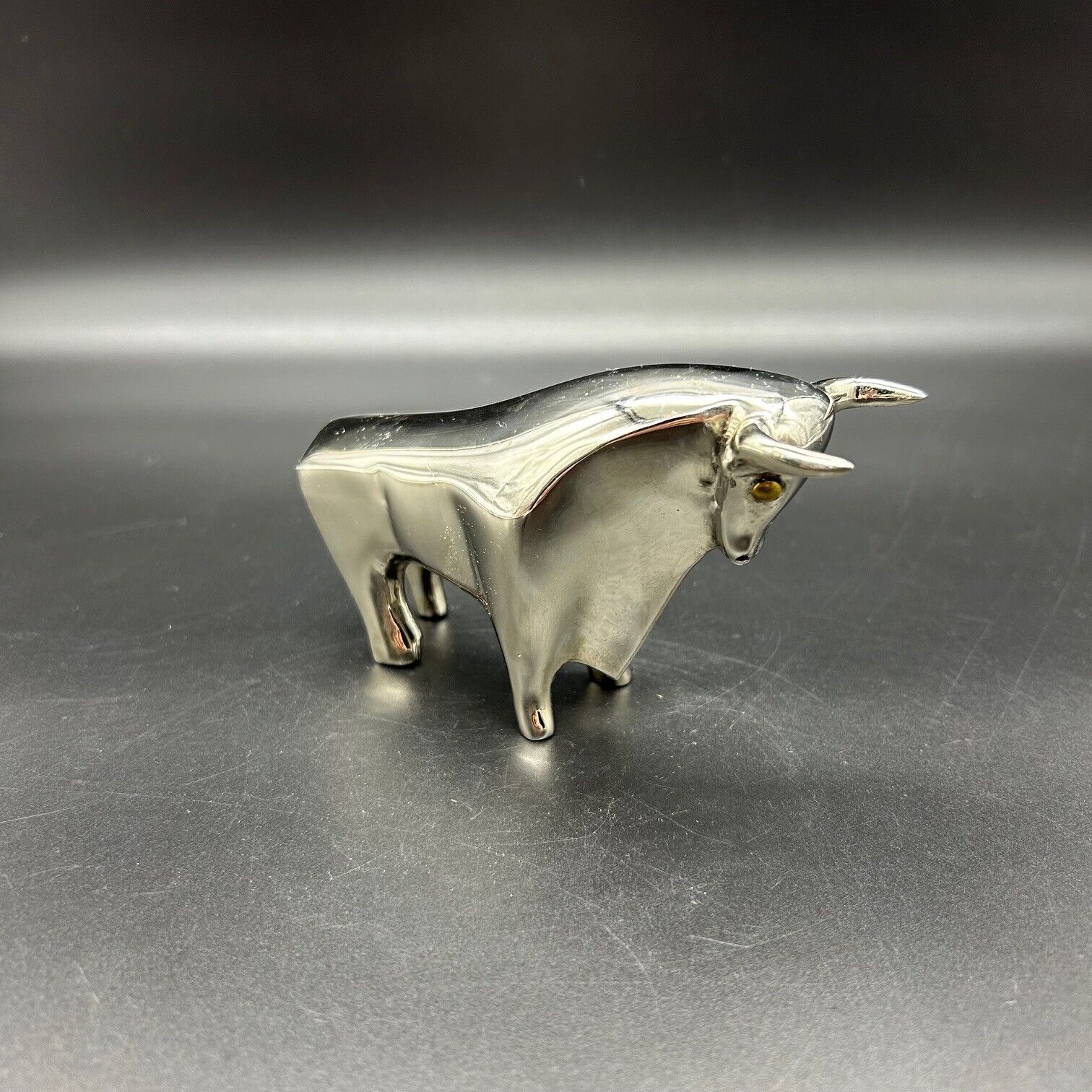 Chrome Silver Wall Street Stock Market Bull Paperweight Figurine 5 inches Long