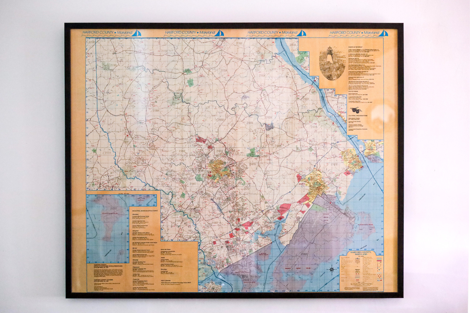 Vintage 1992 Framed Map of Harford County Maryland 43x35