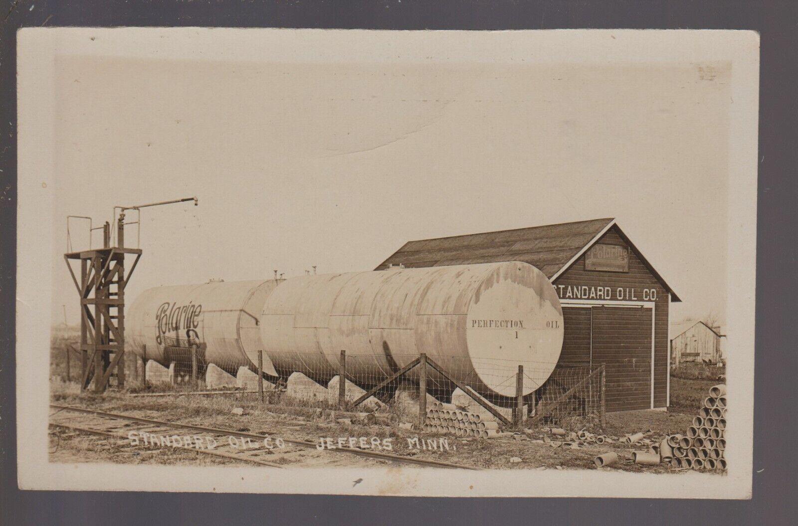 Jeffers MINNESOTA RPPC c1915 STANDARD OIL COMPANY Polarine Oil Tanks nr Windom