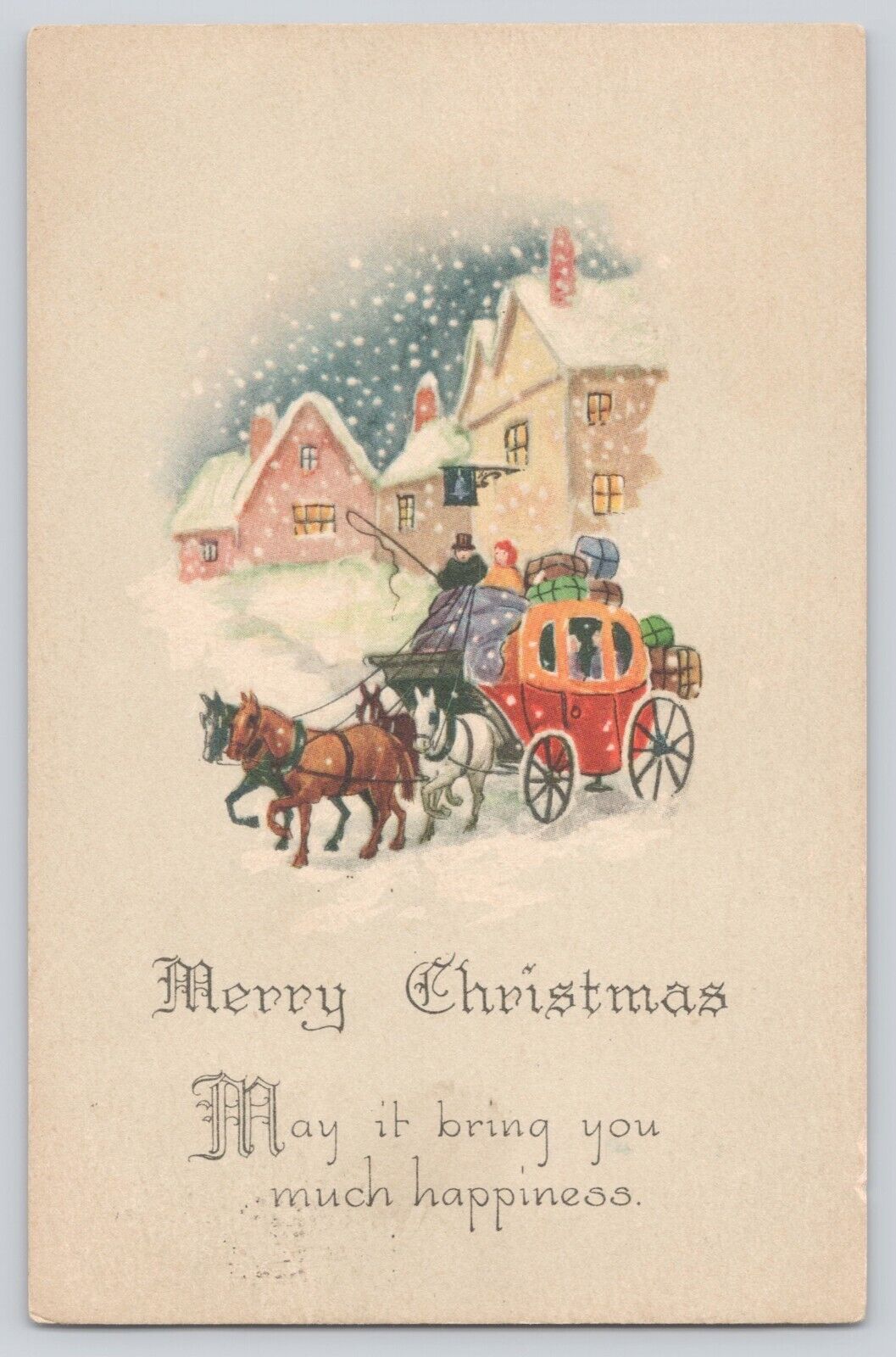 Postcard Christmas Stagecoach Horses Snow Winter Scene Village Vintage 1924