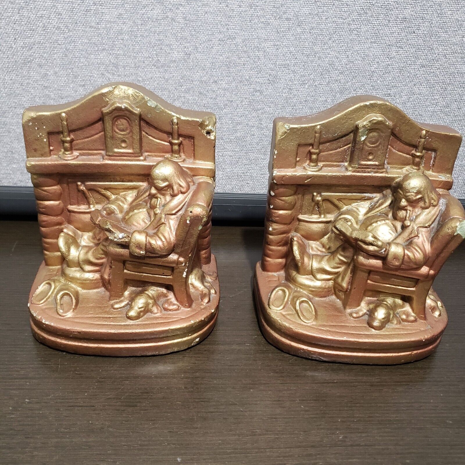 RARE Antique Vtg Pair bronze gold color Bookends Fireside Comfort