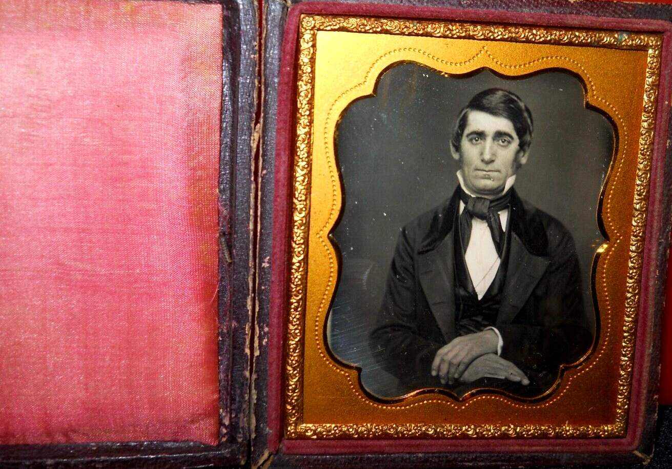 1/6th size Daguerreotype of young man in full case split at hinge