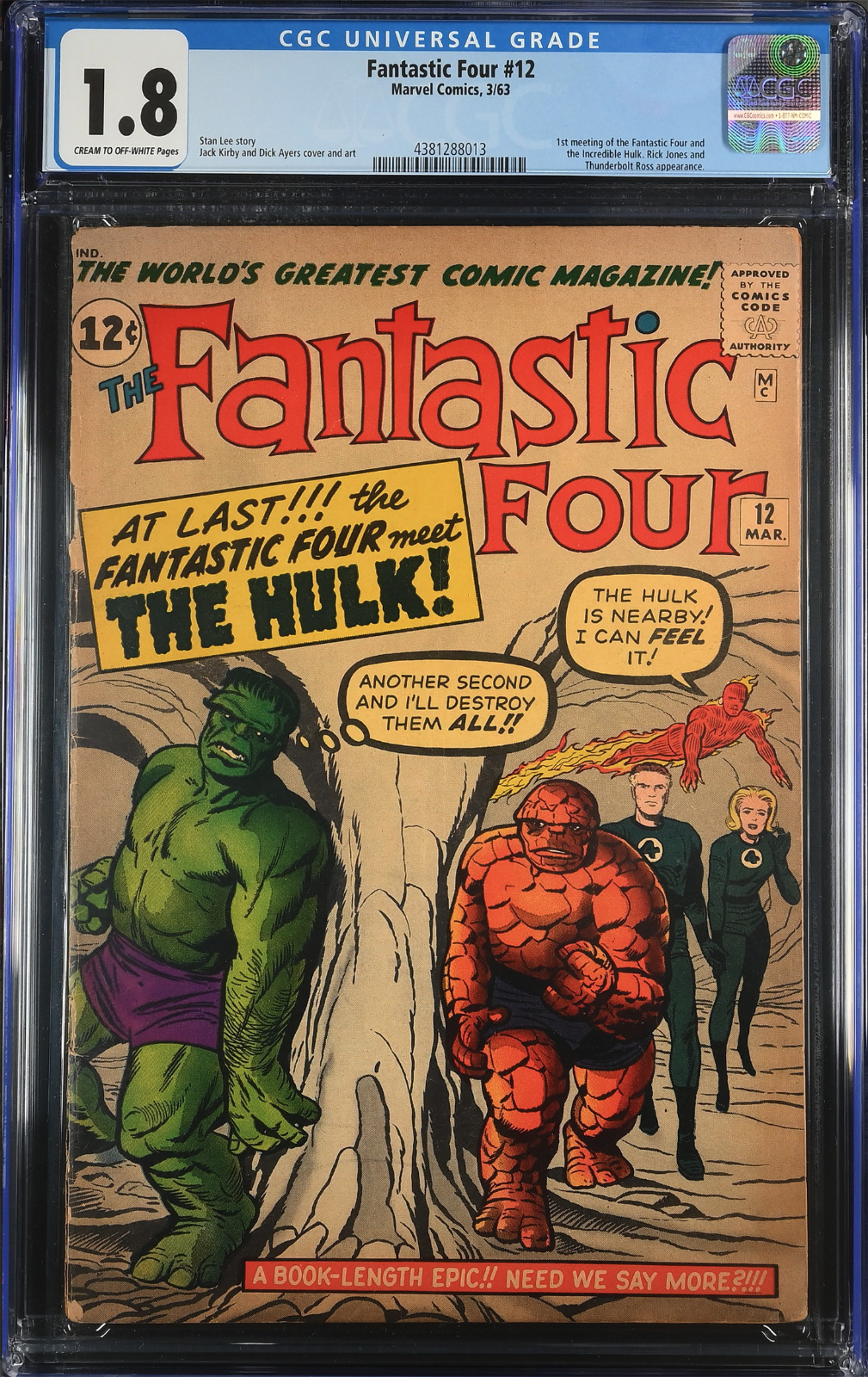 THE FANTASTIC FOUR #12 MARCH 1963 - CGC 1.8-SILVER AGE KEY HULK and THING