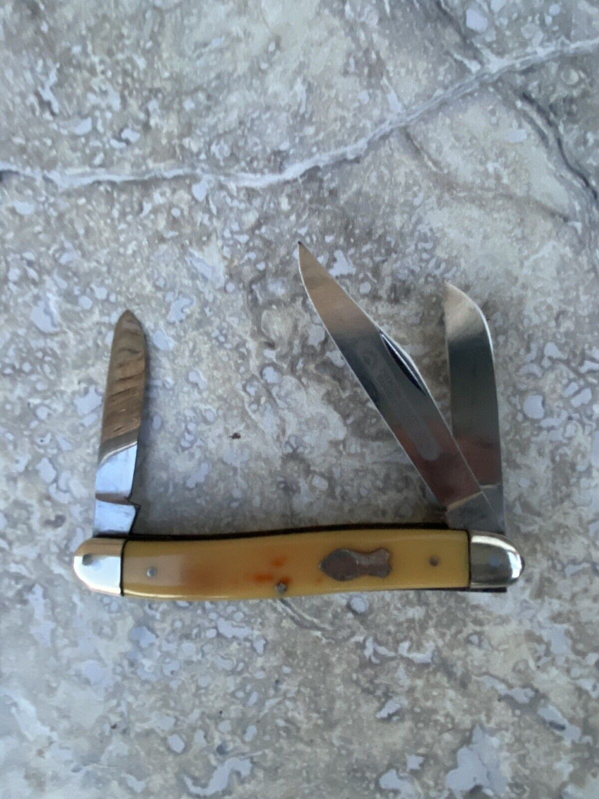 1950-65 3 Eye GERMAN EYE / CARL SCHLIEPER Pocket Knife LARGE STOCKMAN Yellow