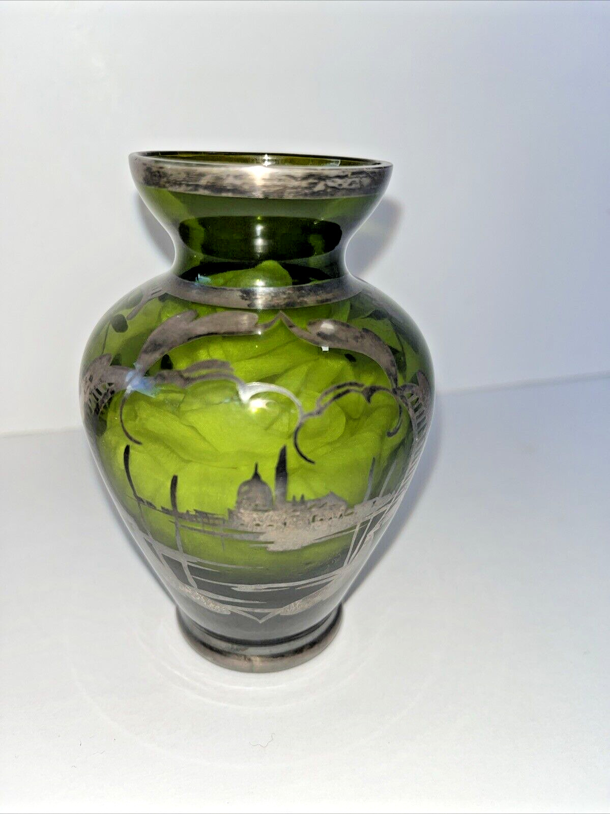 Vintage Italian Glass Vase, Dark Forest Green w/ Patinad Sterling Silver Overlay