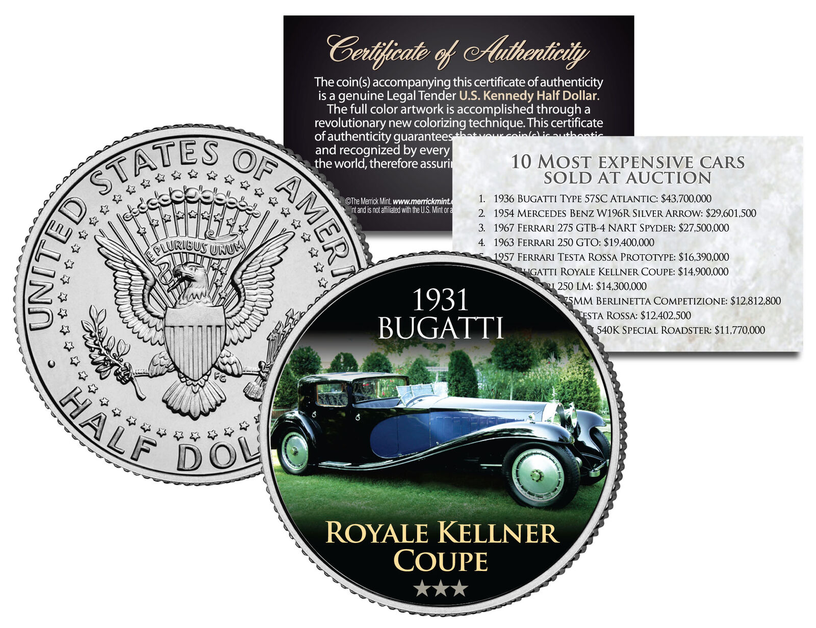 1931 BUGATTI *Expensive Auction Cars* JFK Half Dollar Coin ROYALE KELLNER COUPE