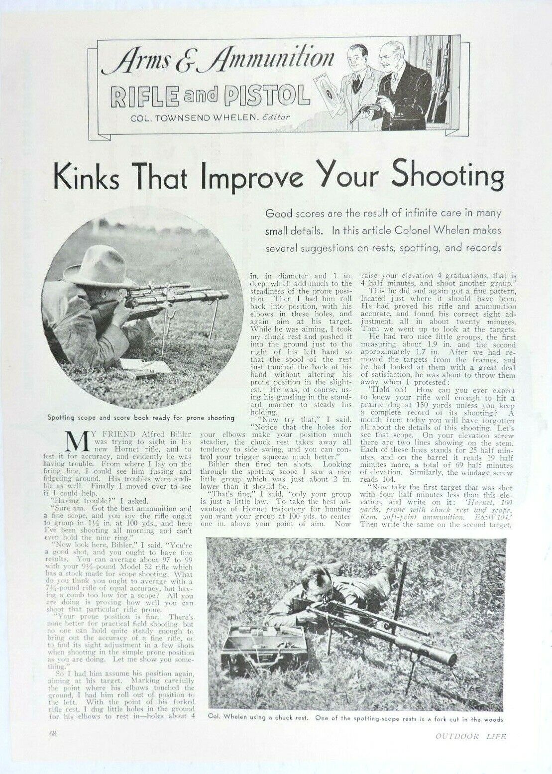 Colonel Townsend Whelen Outdoor Life Vintage 1935 Article Arms Ammunition Rifle