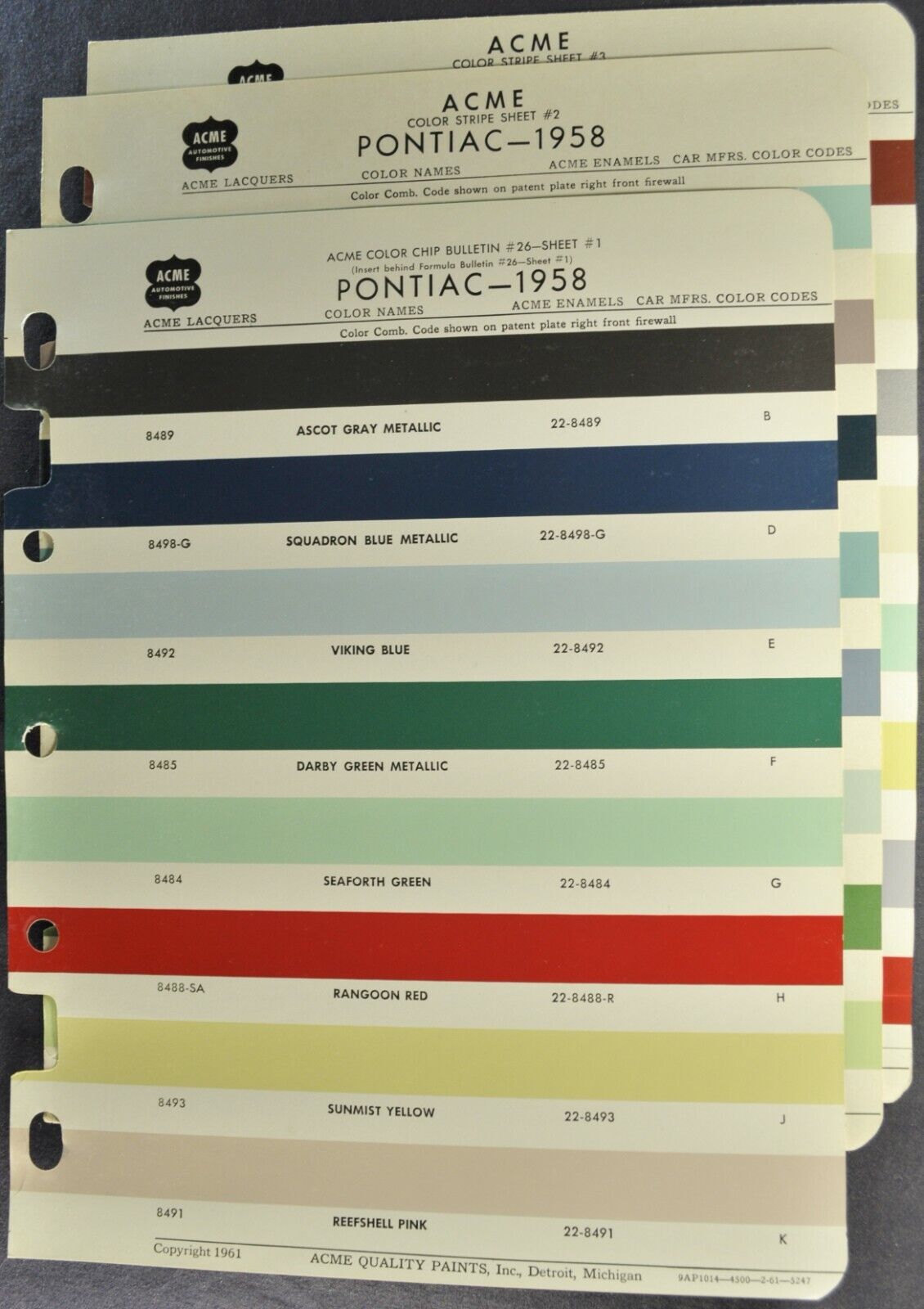 1958 Pontiac Paint Chip Colors Sheets Bonneville Star Chief Catalina Wagon 58