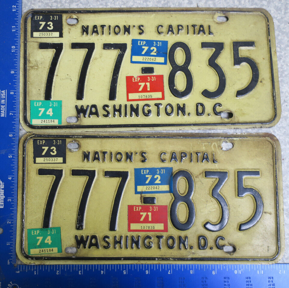 Washington DC District of Columbia License Plate 1971 1972 1973 Pair Set 777 835