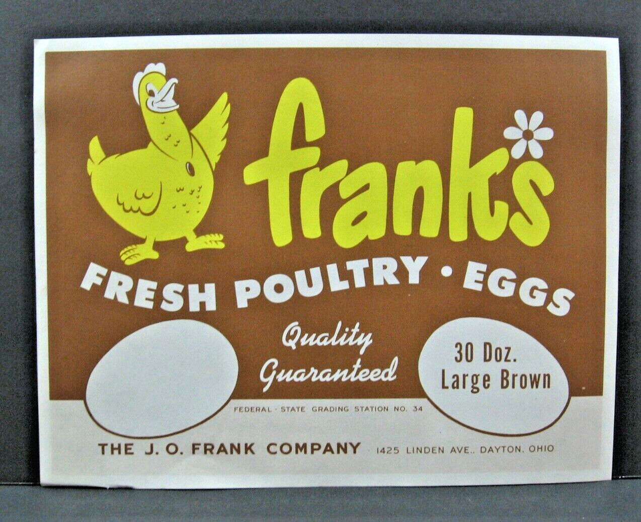 Vintage Frank's Lg Brown 30 Dozen Bulk Egg Crate Box Carton Label Dayton Ohio