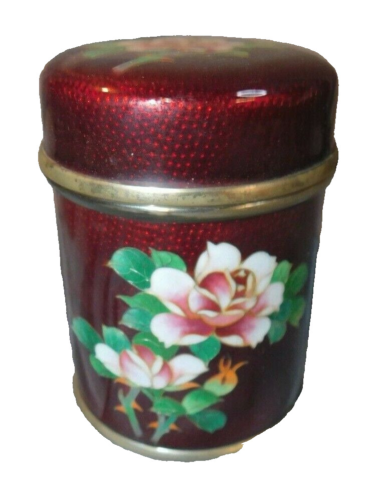 Amazing~ SHIPPO JAPANESE PIGEON BLOOD CLOISONNE PINK ROSE ROUND CONTAINER