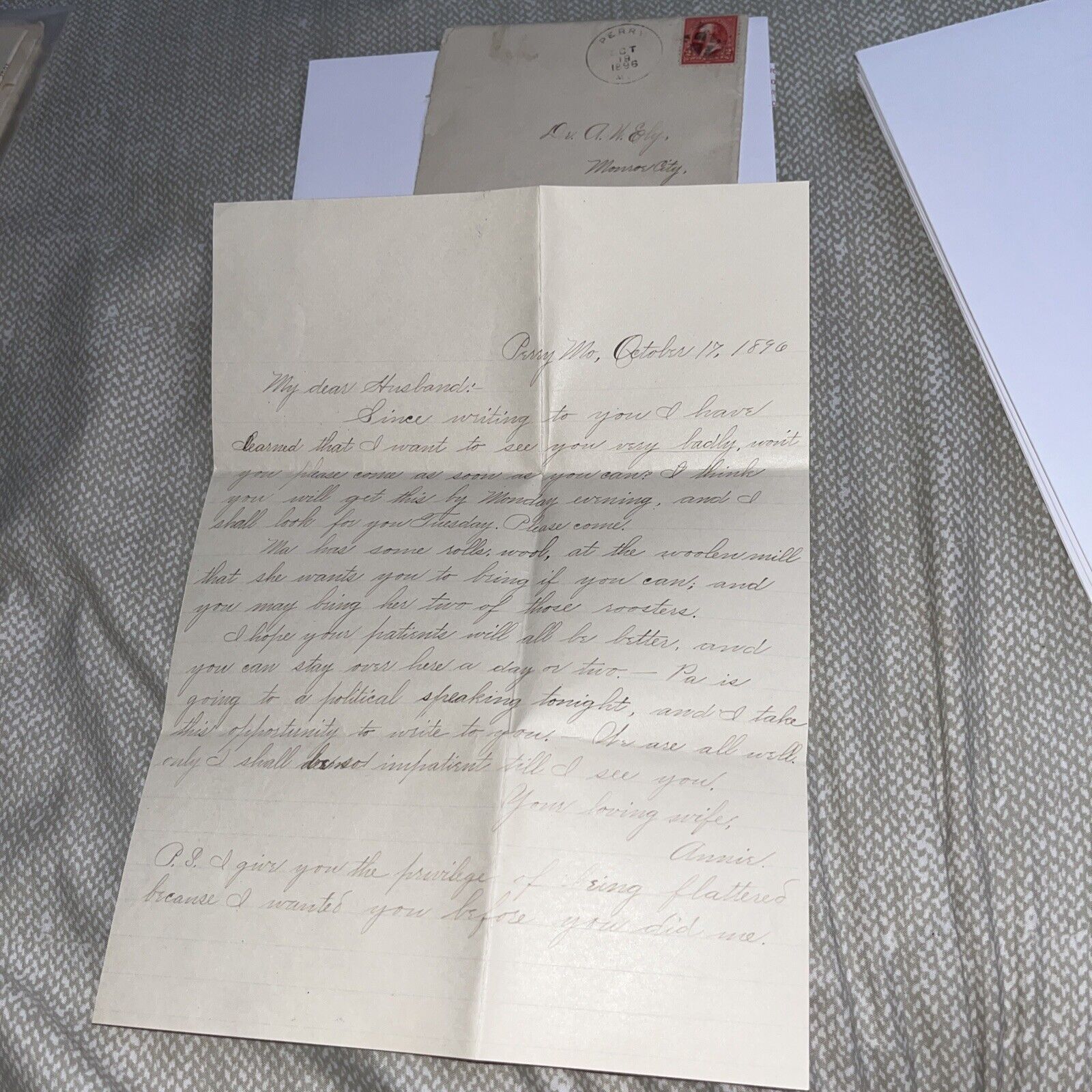 Antique 1896 Wife’s Letter: Perry MO to Monroe City Doctor Mentions Woolen Mill