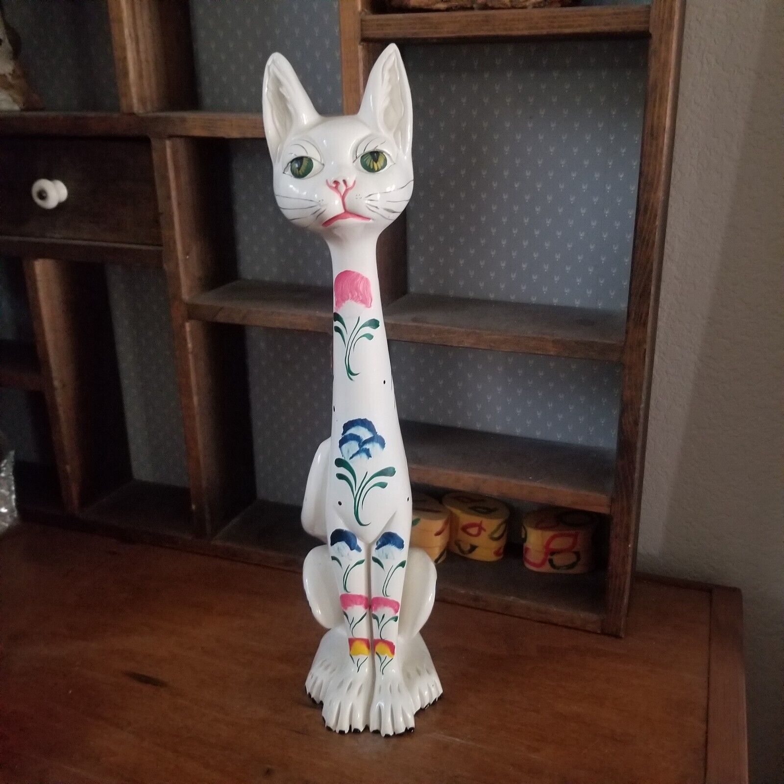 Vintage Tall White Floral Cat 12.5\