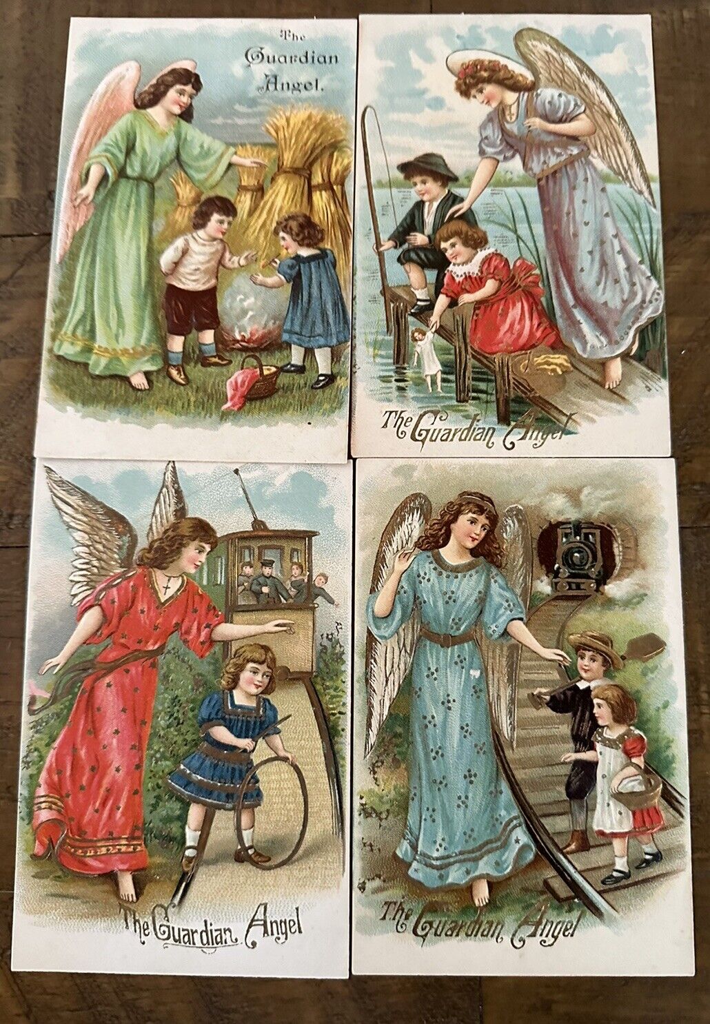 Lot of 4~Guardian Angels with Children~Antique Embossed Greetings Postcards~k189