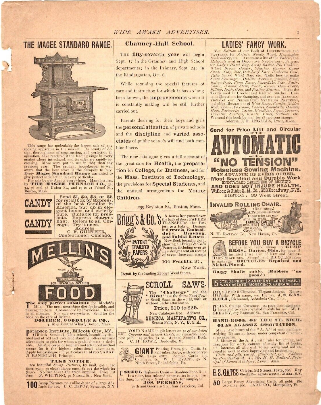 1884 Print Ad The Magee Standard Range /Mellin\'s Food/Invalid Rolling Chair